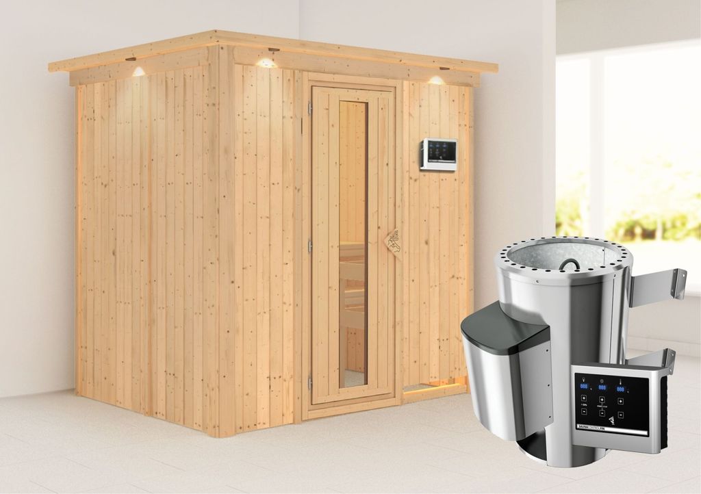 Karibu Sauna Innensauna Fanja Fronteinstieg Ofen 3,6 kW externe Strg.easy 210x165x202 cm mit Dachkranz mit Energiespartür