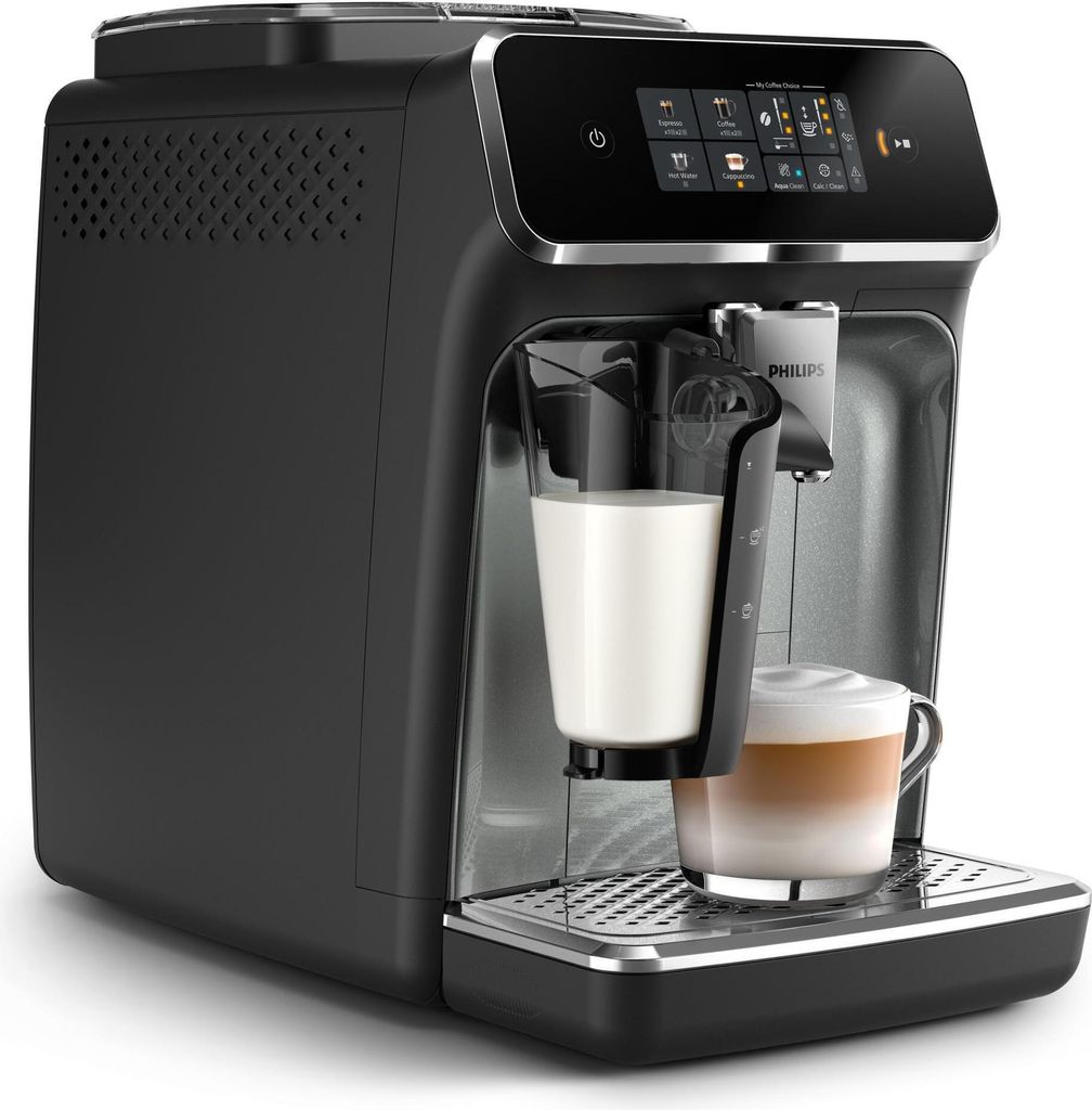 A black automatic coffee machine with a glass of milk and a cup of latte.