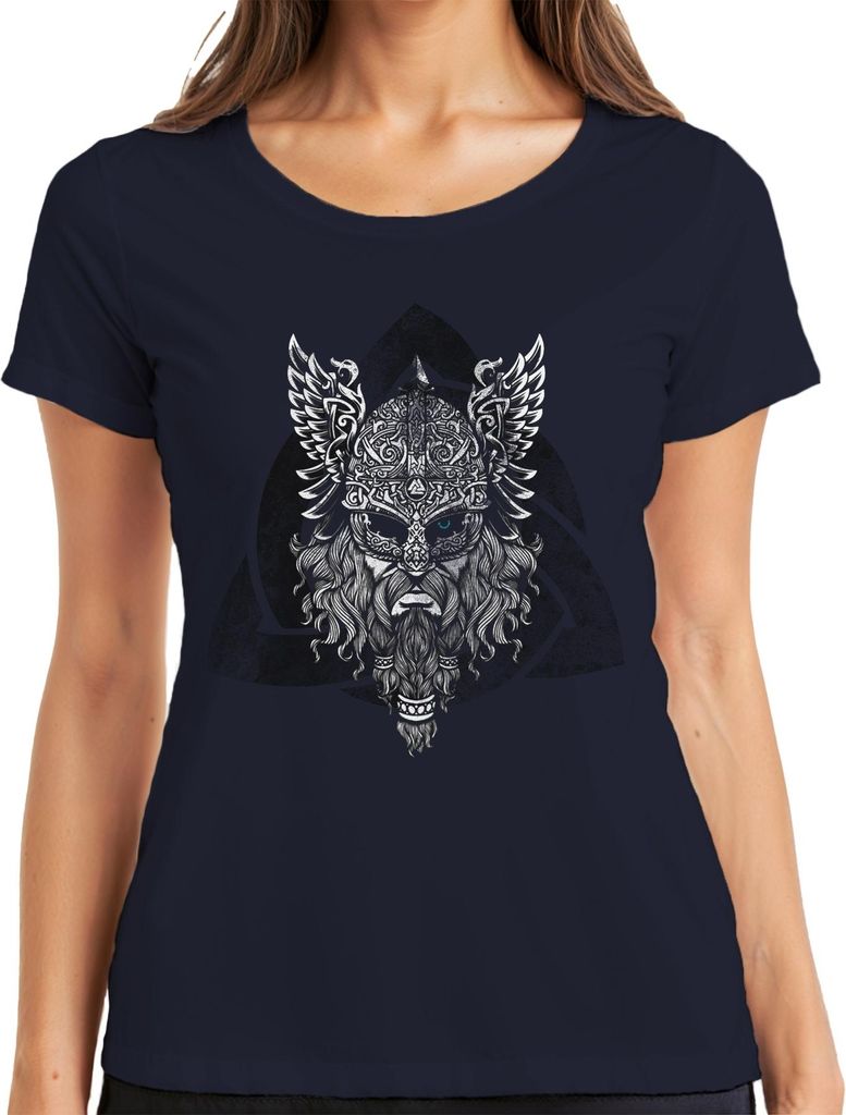 Wikinger Helm Krieger Mythologie Runenknoten Odin Valknut Damen T-Shirt, Navy, XXL