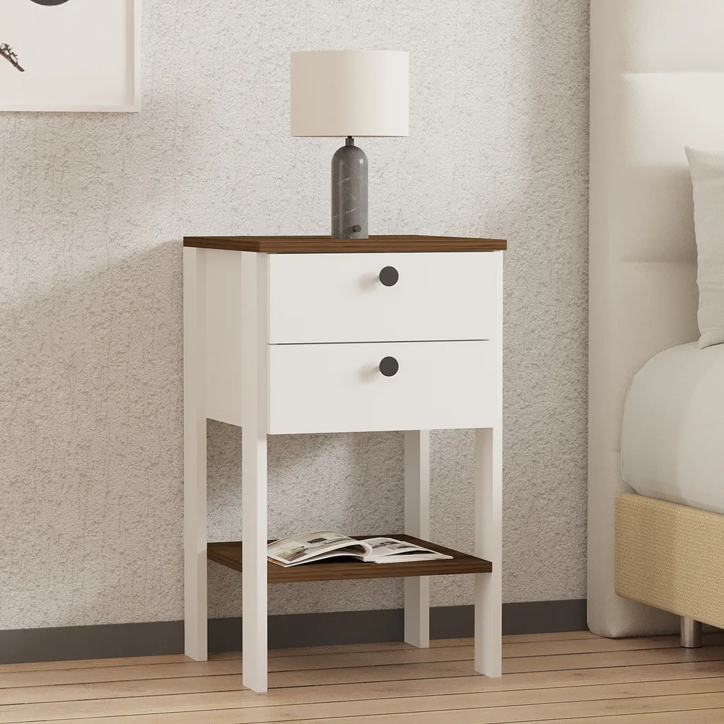 Table de chevet en mélaminé bicolore blanc et noyer avec niches de rangement