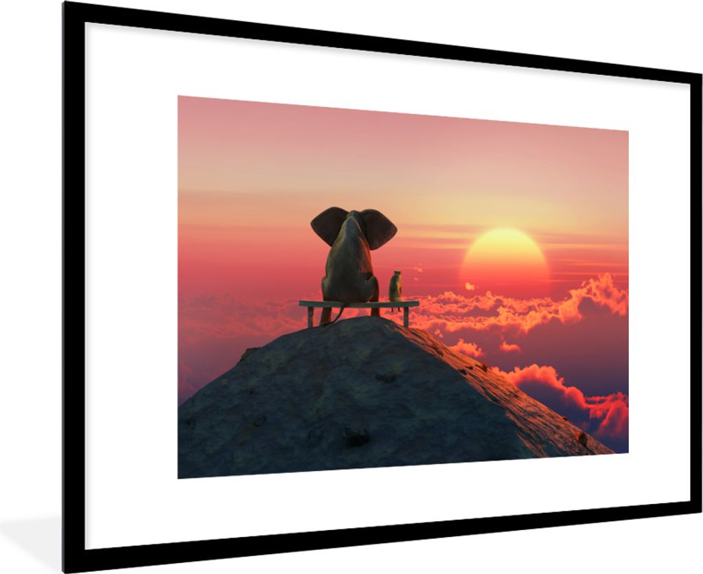 MuchoWow MuchoWow Gerahmtes Poster Hund - Elefant - Berg 90x60 cm - Poster mit zchwarzem Bilderrahmen - Wanddekoration - Fotos