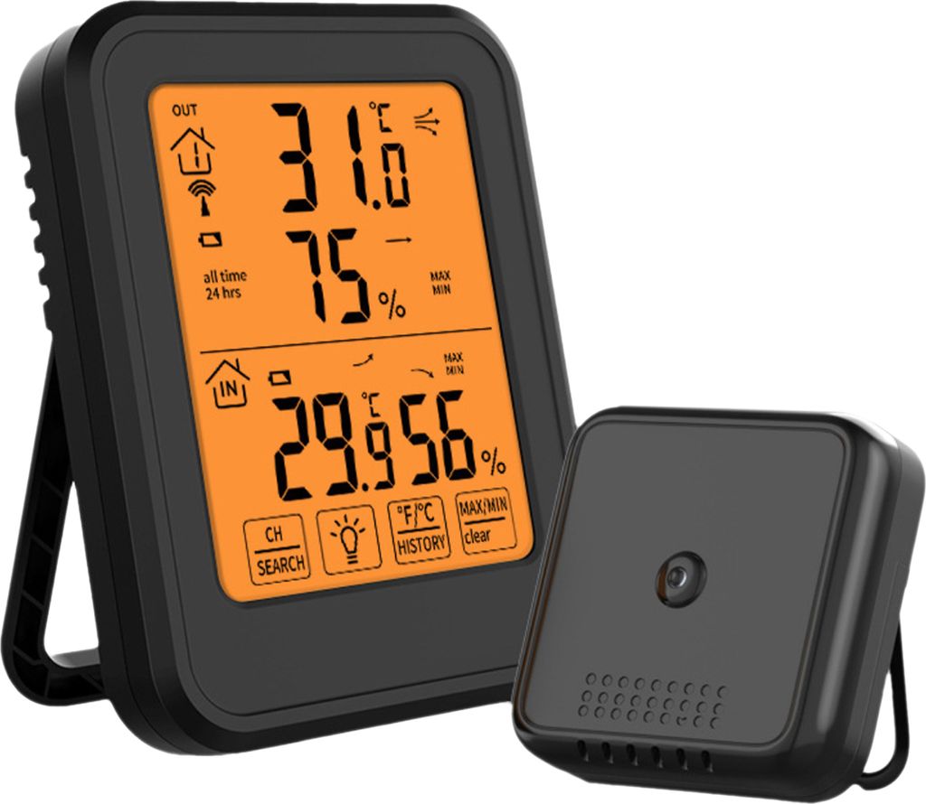 Innen- und Aussen-Hygrometer-Thermometer mit orangefarbener Hintergrundbeleuchtung, LCD-Display, Max/Min-Wert, elektronischer Temperatur- und Feuch...