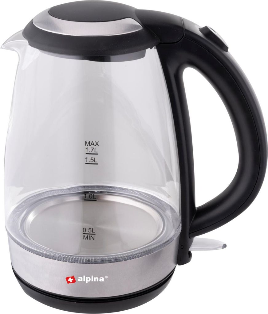 alpina Wasserkocher Elektrisch LED Glas Edelstahl Schnurlos 1,7 Liter