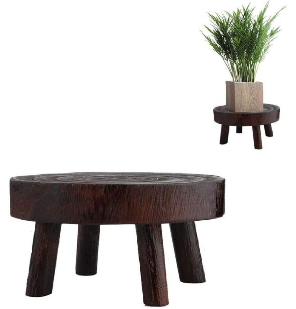 Kleiner runder Pflanzenständer aus Holz, ideal für drinnen und draußen, rustikale Dekoration