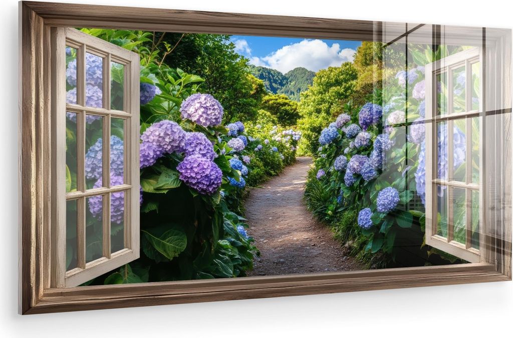 MuchoWow Glasbilder - Bilder auf Wandbild - Foto auf Glas Durchblick - Hortensie - Weg - Natur 120x60 cm Wanddekoration aus Glas - Acrylglasbild - ...