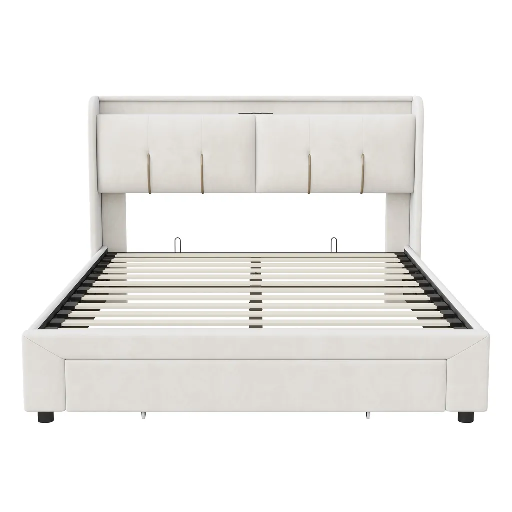 Lit double 160x200 en velours avec tête de lit LED et prise USB intégrée