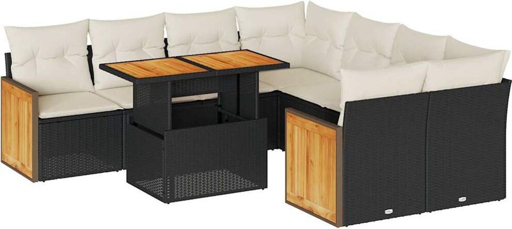 9-tlg. Garten-Sofagarnitur mit Kissen Schwarz Poly Rattan