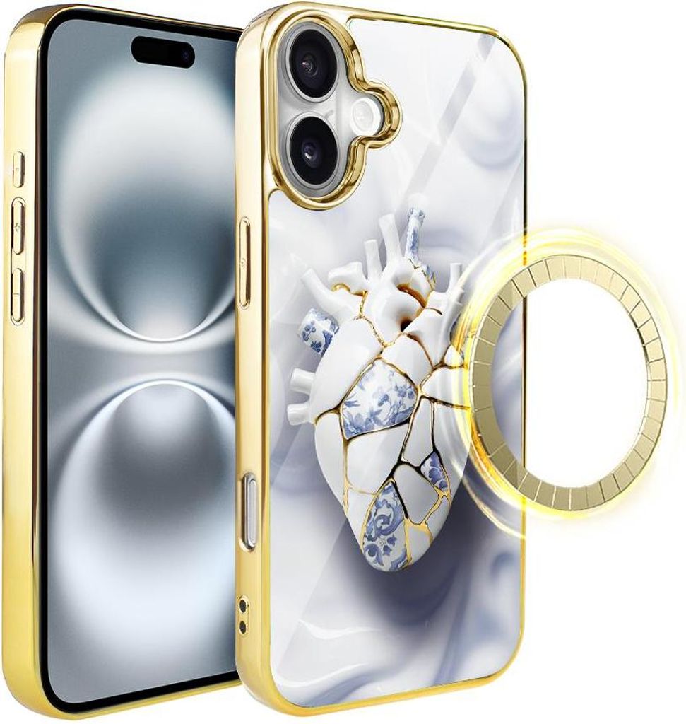 iPhone 16 Plus IBIZU Elite Glashülle mit MagSafe, Kintsugi Art, Porzellanherz, Gold