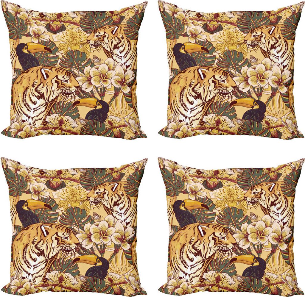 ABAKUHAUS Tiger Kissenbezug Set (4 Stück), Tropical Bengal Toucan, Moderner Doppelseitiger Digitaldruck, 45 cm x 45 cm, Erde Gelb Dunkelblau
