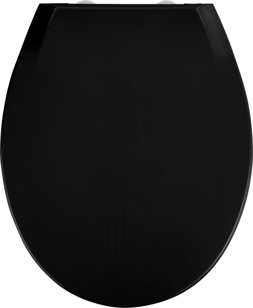 A top-down view of a black toilet seat.