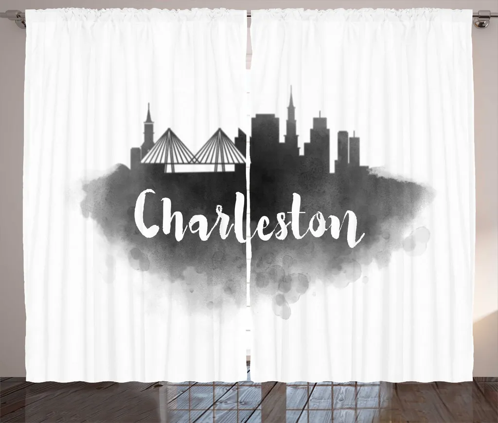 Rideau Décoratif Salon, Motif Horizon Urbain, 280x225cm Gris Anthracite