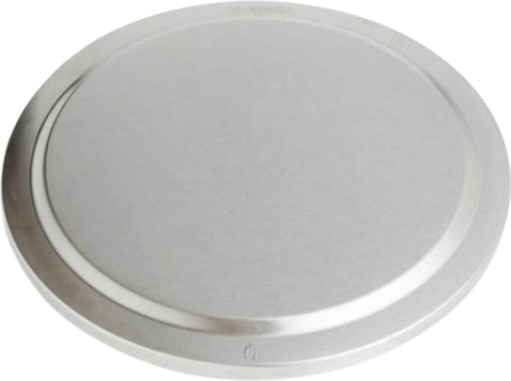 A silver, circular lid is shown from a slightly elevated angle against a white background.