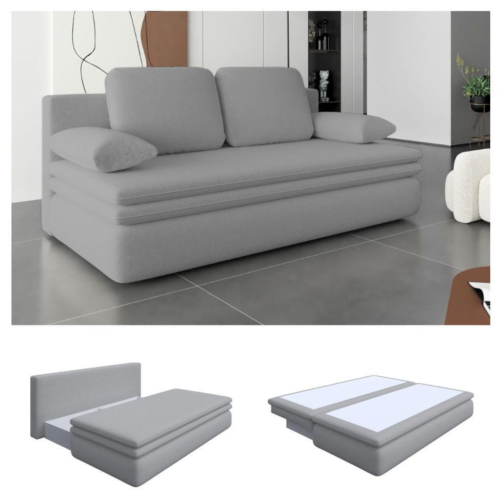 Schlafsofa Bondi mit Bettkasten und Kissen, Sofa mit Schlaffunktion Boucle Stoff (Grau - Fredo 35)