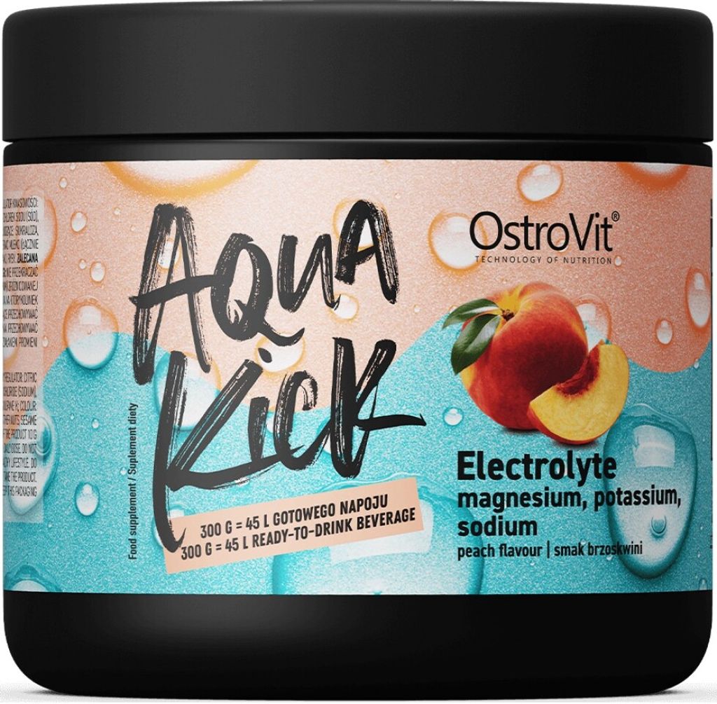 A product shot of a black container of OstroVit Aqua Kick electrolyte powder with peach flavor.