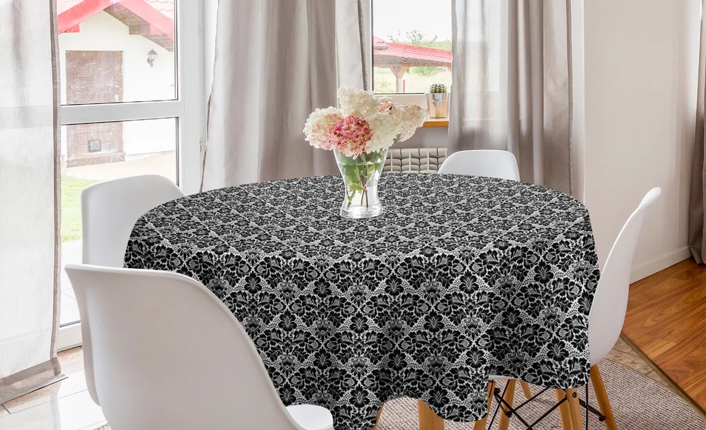 Tovaglia Circolare 150 cm ABAKUHAUS Bianco Nero Motivi Floreali Vintage