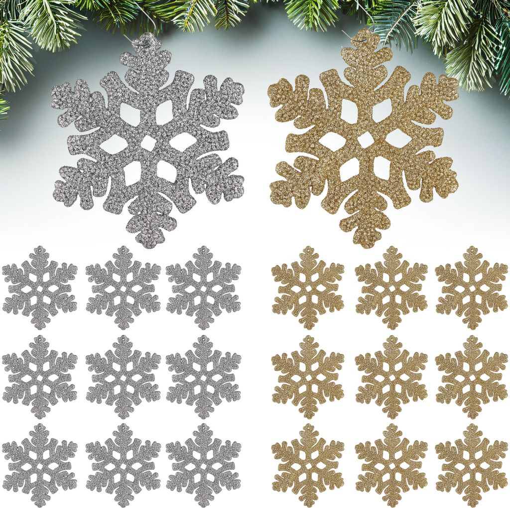 BRUBAKER Baumschmuck Schneeflocken Glitzer - Weihnachtsbaumschmuck - 13 cm Christbaumschmuck Bruchsicher - Weihnachtsbaum Deko, Gold und Silber, 20 St