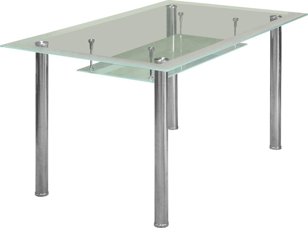 A modern glass-top dining table with brushed stainless steel legs, set against a white background.
