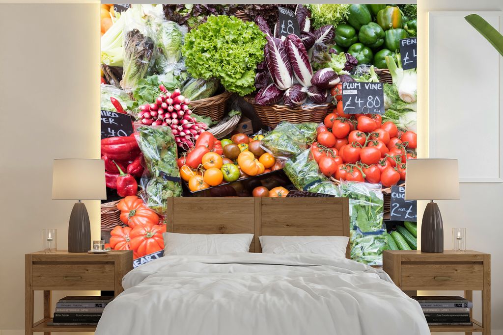 MuchoWow Fototapete für Wohnzimmer oder Schlafzimmer Wandtapete Vinyl Motivtapete Markt - Obstkisten - Gemüse - 260x260 cm - Papiertapeten