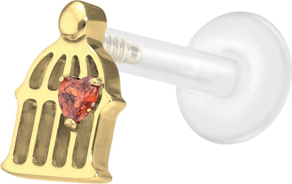 Ohrpiercing, Nasenpiercing PTFE Labret mit Innengewinde + Titan-Aufsatz KÄFIG Gold Stablänge: 10mm | Stabstärke: 1,2mm