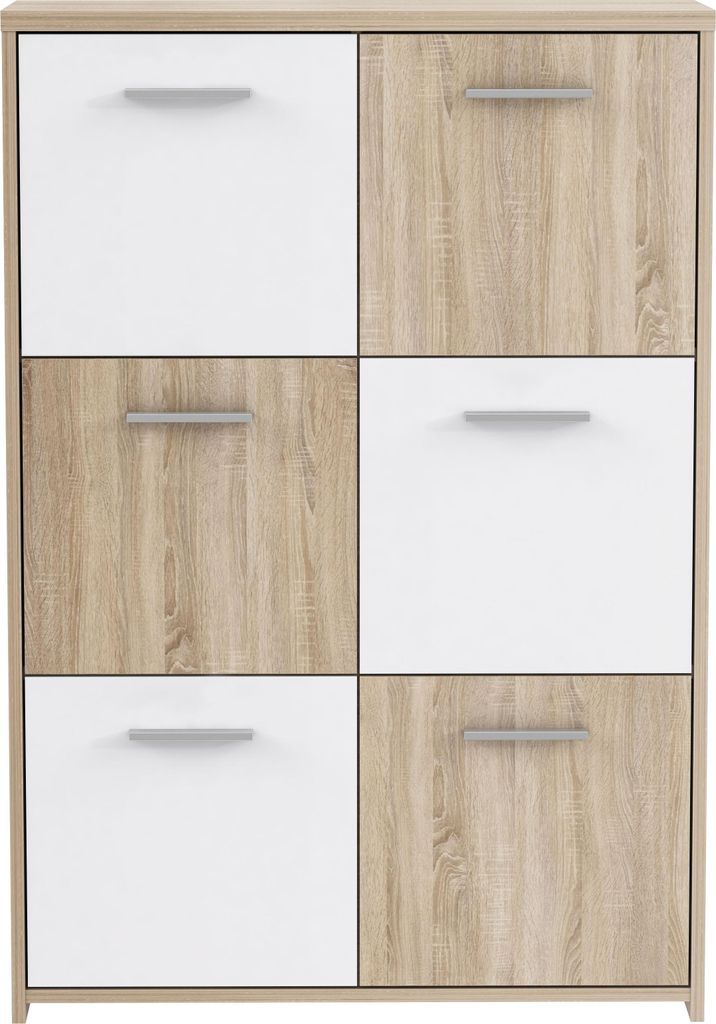 Kommode QUADRO mit 6 Türen, Sonoma Eiche Holznachbildung, Uni Weiß und alufarben