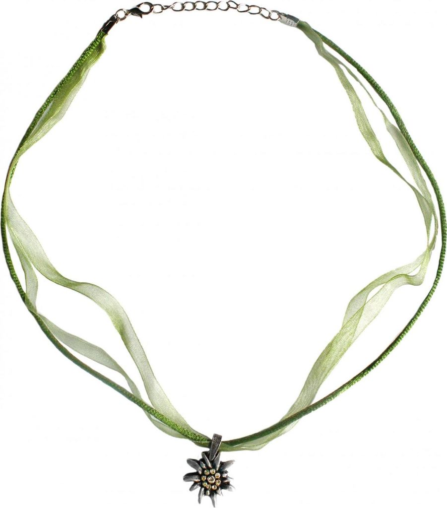 German Wear, Trachtenkette Edelweiß Satin Chiffon Straßsteine Metall Tracht Kette grün