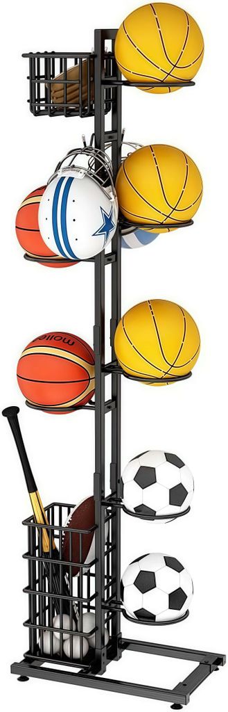Ballständer – 7 Stufige Stehende Ballhalterung aus Stahl, Ball Aufbewahrungsregal 2 Körben & Haken, Ball Organizer für Basketball, Fußball, V...