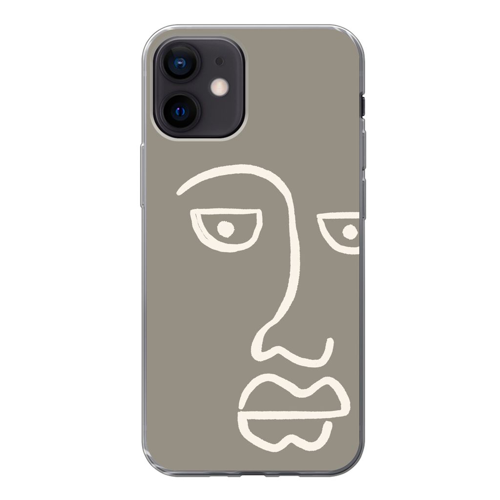 MuchoWow Handyhülle Schutzhülle Hülle für iPhone 12 Gesicht - Abstrakt - Strichzeichnung Silikon Softcase Handy Hülle - Schutzhülle