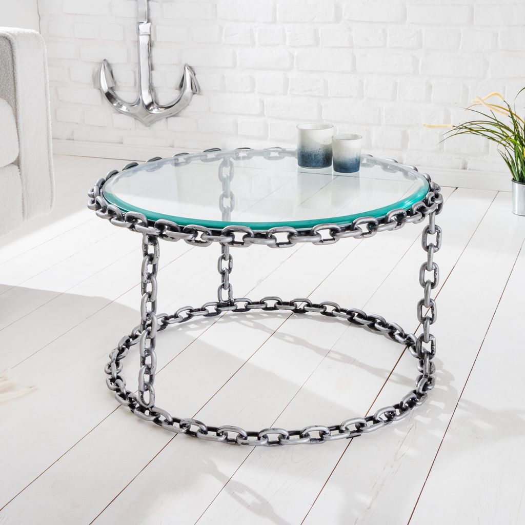 riess-ambiente Design Couchtisch CHAINS 65cm silber handmade Metall rund Glasplatte Kettengestell