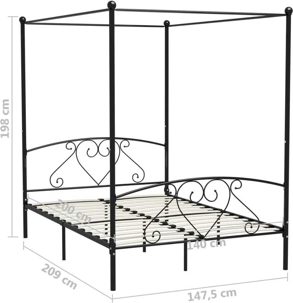 Lit à baldaquin métal noir 140x200 cm - Structure stable et durable