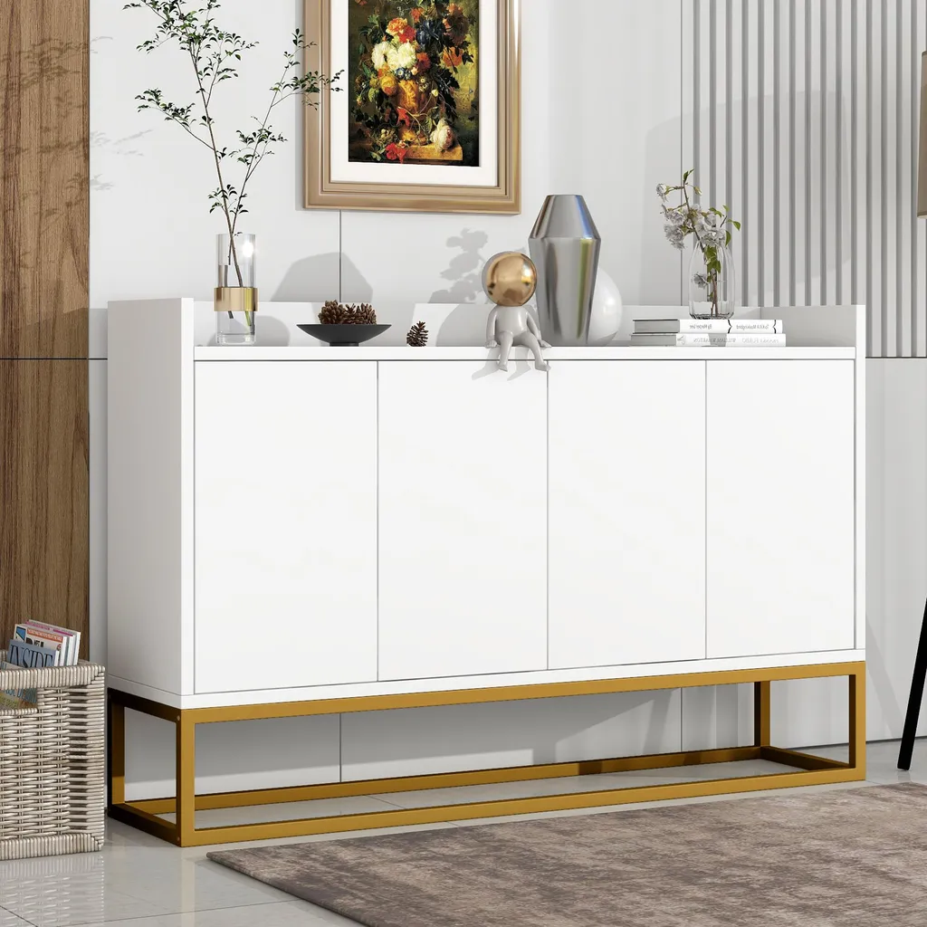 Meuble de Rangement Entrée et Salon 120cm en Bois et Métal Doré Chic
