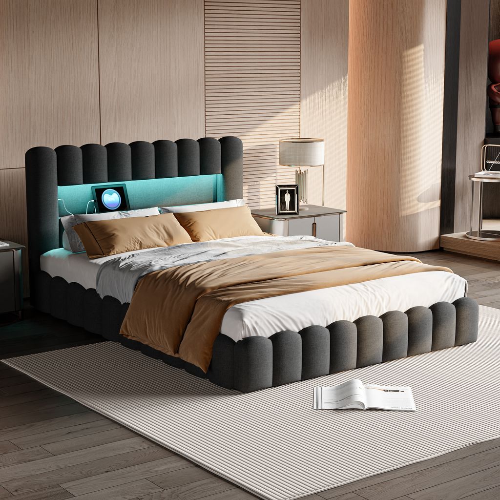 Fortuna Lai Polsterbett 180x200 cm, LED, USB, Stauraumbett mit Lattenrost, Jugendbett aus Leinen, Grau