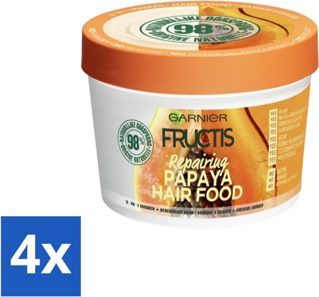 Garnier - Fructis Hair Food Papaya - 3-in-1 Haarmaske - Strapaziertes Haar - 400 ml - Vorteilspack - 4 Stücke
