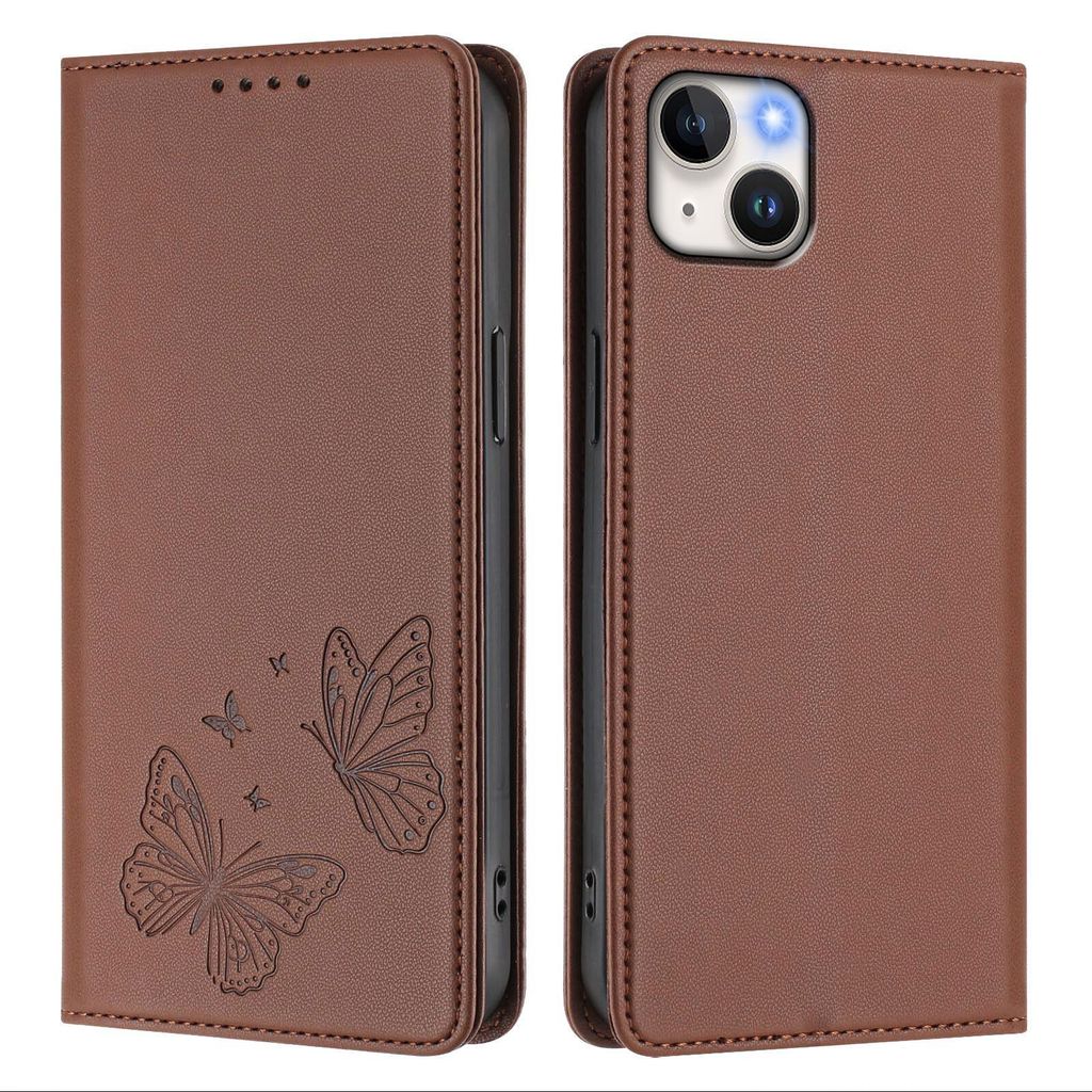 Lederhülle für iPhone 14 Plus, Schmetterling Prägung Leder Brieftasche Schutzhülle mit Ständer Braun
