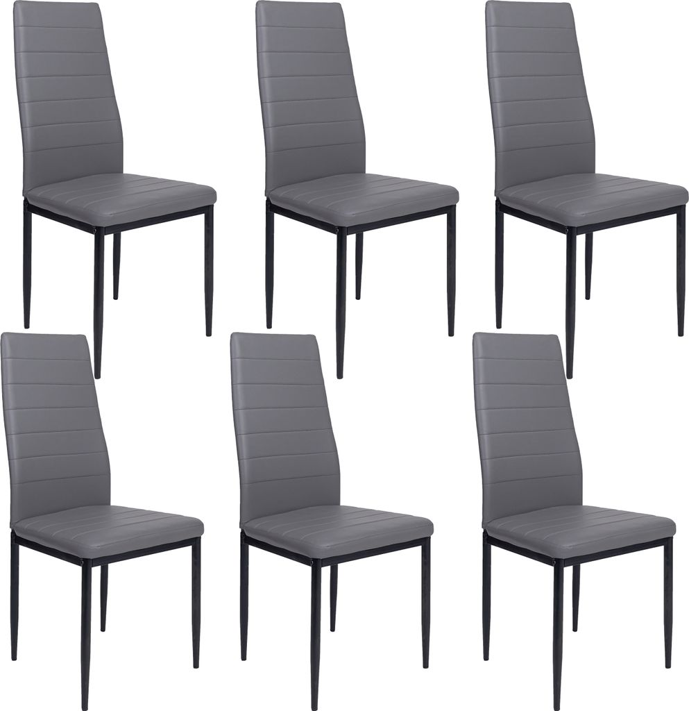 Six gray dining chairs arranged in two rows of three against a white background.