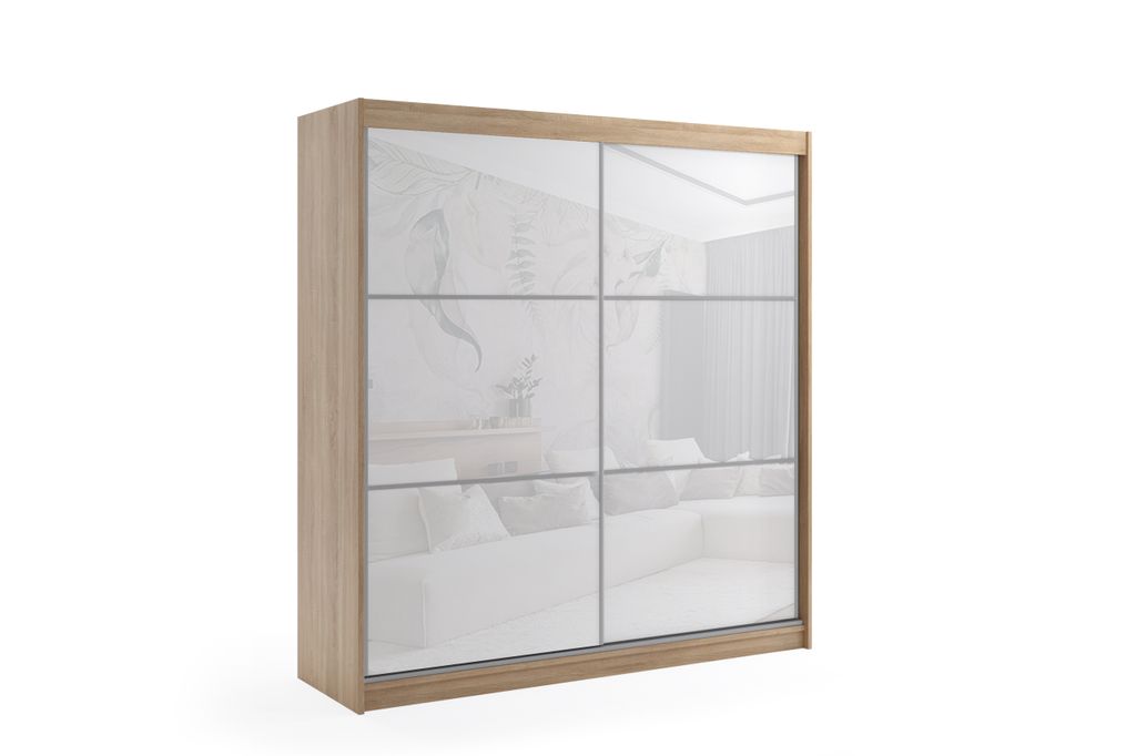 ALTDECOR Kleiderschrank mit Lacobel-Schiebetüren, kugelgelagerte Führungsschienen und Aluminium-Leisten - VIVONA - mit LED-Beleuchtung und Fernbe...