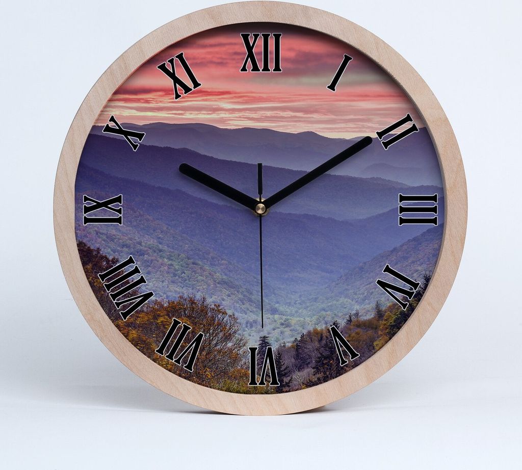 Holzuhr 30fi cm wanduhr - schwarze Spitzen - Sonnenuntergang Berge