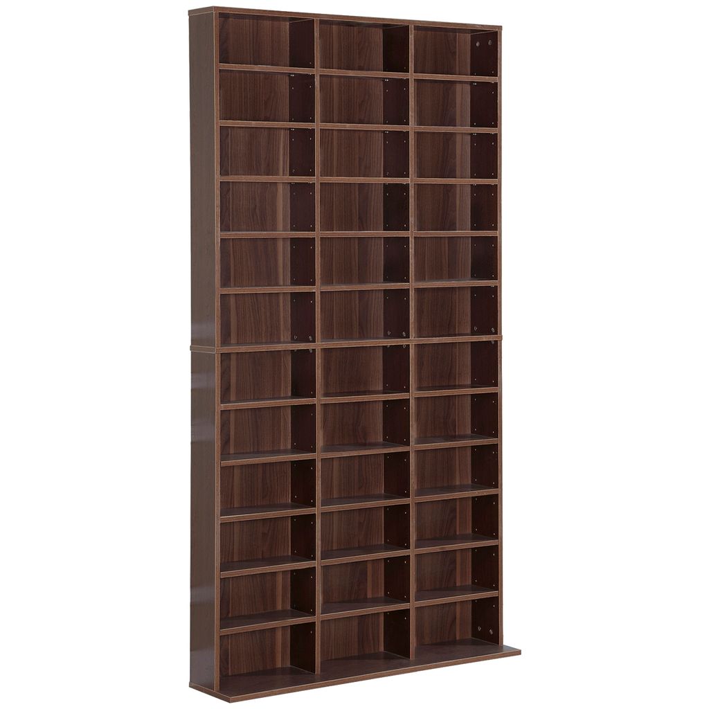 A tall, narrow, dark brown shelving unit with many small compartments.