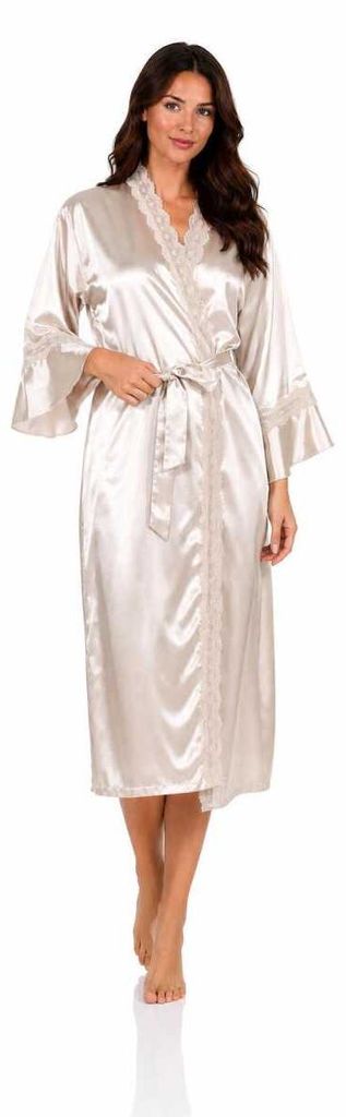 Damen Satin Morgenmantel Kimono mit Spitze Seidenoptik Produktbild 