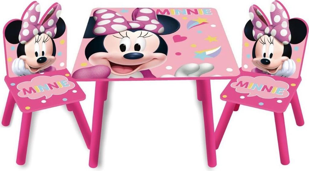 A pink Minnie Mouse themed table and two chairs set for children.