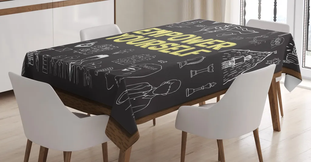 ABAKUHAUS Tovaglia autorizzata, calligrafia su lavagna, stampa con colori chiari che non sbiadiscono Lavabile per interni o esterni, 140 x 200 cm, taupe scuro giallo pastello