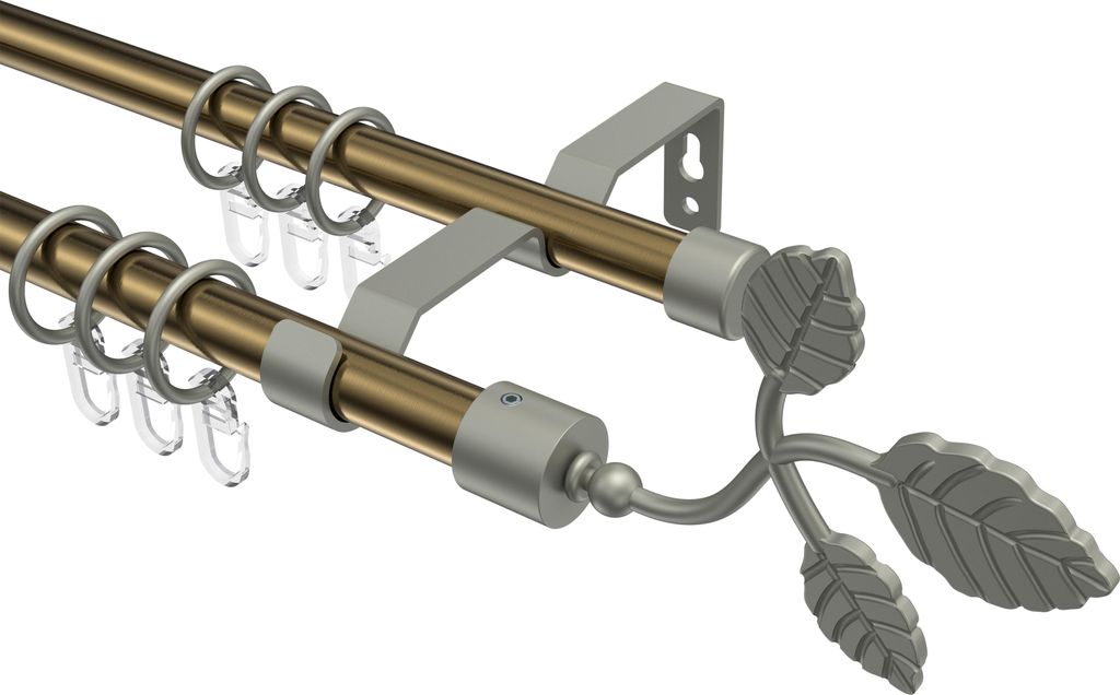 Interdeco Gardinenstange / Vorhangstange Messing Antik / Chrom matt, Typ Olymp Alessia (Blatt), 16 mm Ø 2-läufig, 100 cm