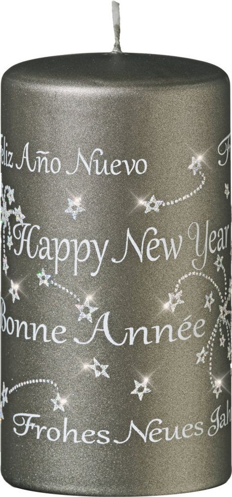 Spruchkerze "Happy New Year" Grau Matt 130 x Ø 70 mm, 1 Stück