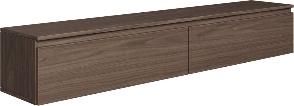 A long, narrow, dark brown wooden TV stand with two drawers, shown from a slightly angled front view against a white background.