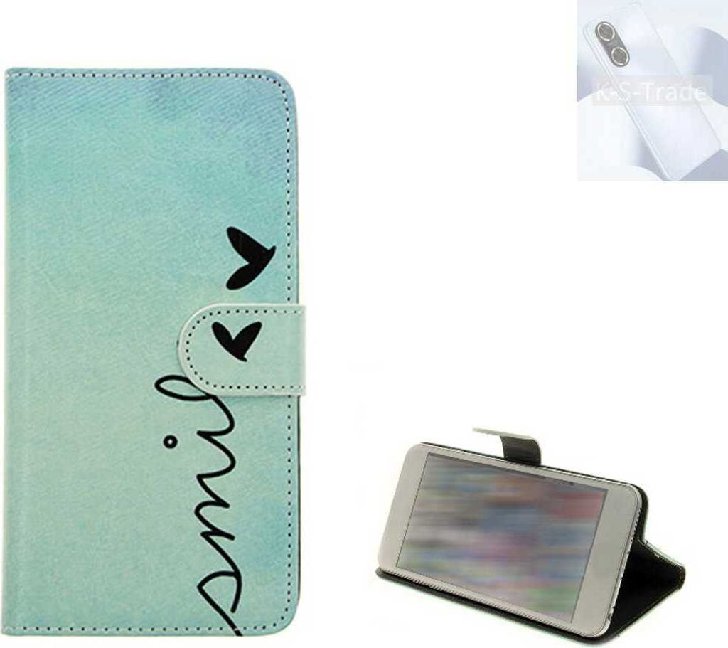 K-S-Trade Schutz Hülle Handy Hülle kompatibel mit Huawei Enjoy 60 Hülle Handyhülle cover bookstyle Etui Handyhülle “smile“ türkis