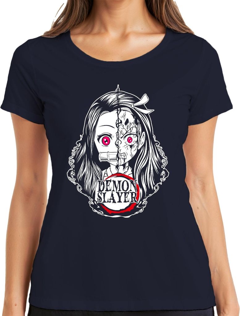 Demon Slayer Nezuko gespaltenes Gesicht Anime Horror Pink Augen Damen T-Shirt, Navy, M