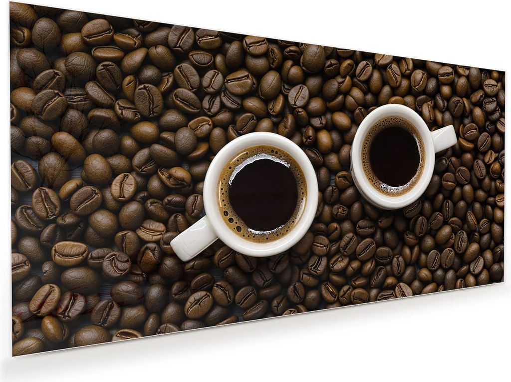 Glasbild 60x30cm in XXL für Wohnzimmer, Schlafzimmer Motiv Kaffeebohnen und Tassen