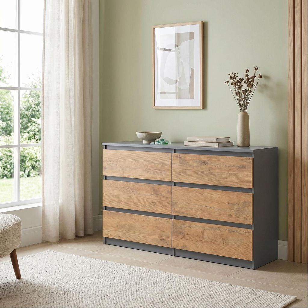 Masseno Kommode NUDO 120 cm Sideboard mit 6 Schubladen und Türen für Wohnzimmer Schlafzimmer Modern 120x39x78,5 cm Anthrazit / Eichefarben