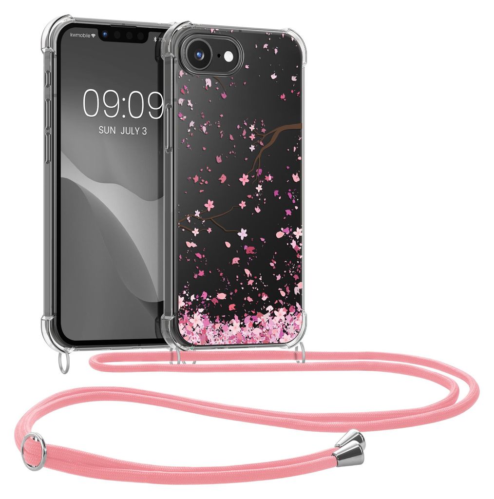 kwmobile Necklace Case kompatibel mit Apple iPhone 17e / iPhone 16e Hülle - Silikon Cover mit Handykette - Rosa Dunkelbraun Transparent