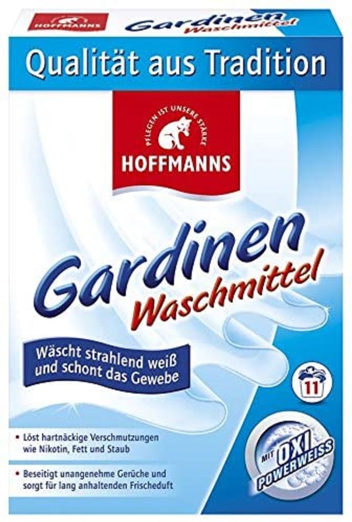 A product shot of Hoffmanns Gardinen Waschmittel (curtain detergent) packaging, with text and graphics highlighting its features.