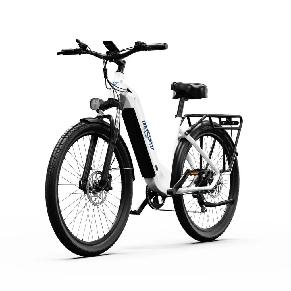 A white electric bicycle is shown against a white background.